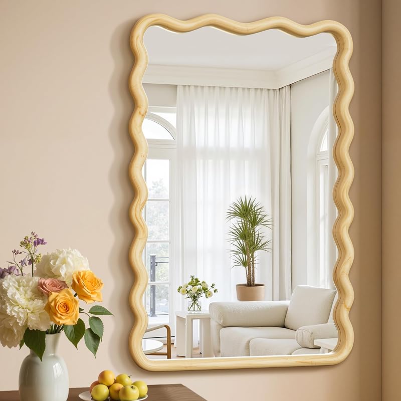 Wavy Wood Bathroom Vanity Mirror 24x36 in - Natural Frame, Vertical Wall Mount (Variation: Natural)