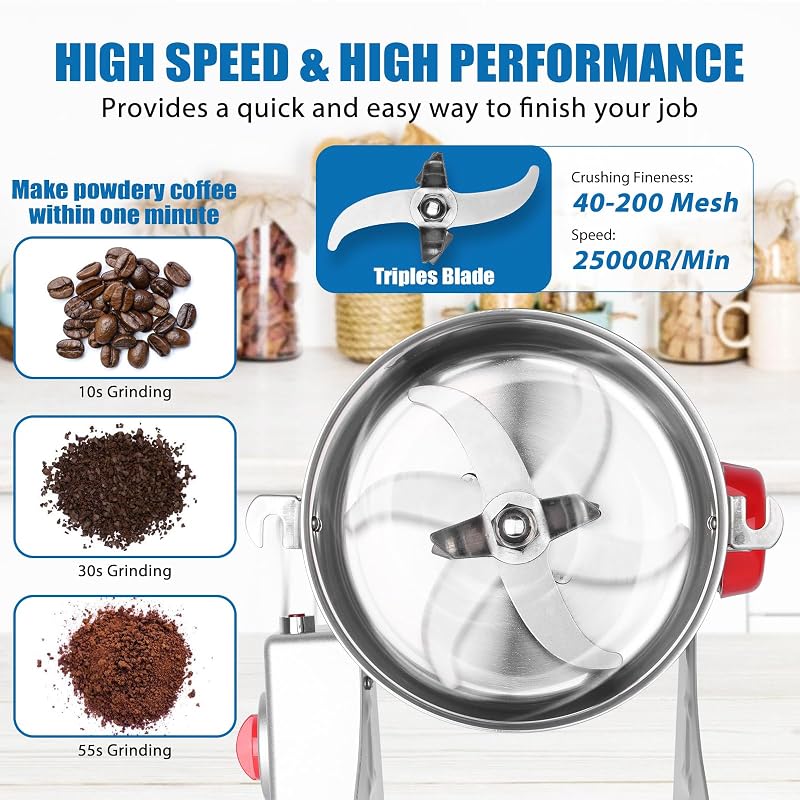 800g 3000W Electric Grain Mill Grinder for Dry Grains & Spices - Stainless Steel Home Use