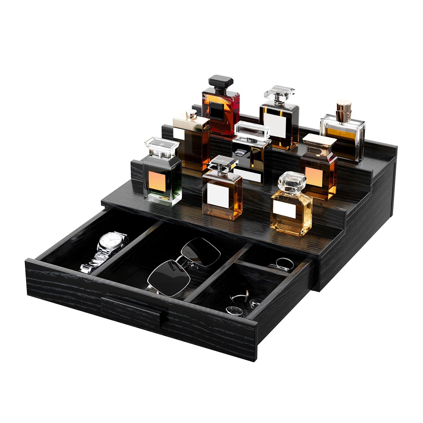 Gernshe Cologne Organizer for Men,3 Tier Solid Ash Wood Cologne Stand,Cologne Shelf Display Holder,Perfume Stand Organizer with Drawer and Hidden Storage,Great Gift for Men Father's Day,Black