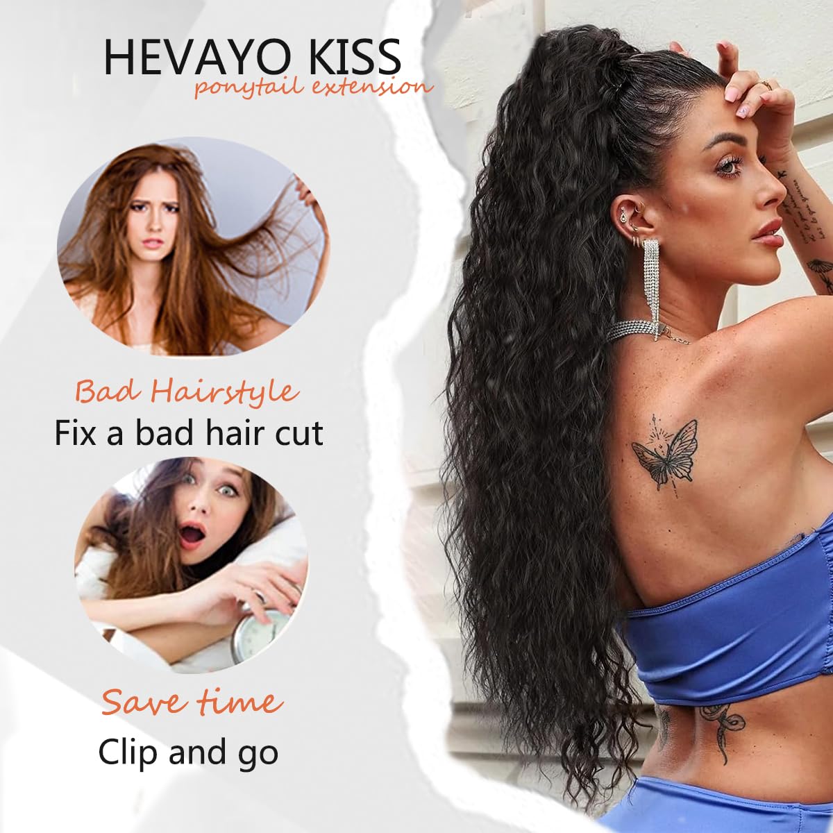 HEVAYO KISS Claw Clip Ponytail Extension 30Inch Omber Burgundy Pony Tails Hair Extensions Long Curly Synthetic Hairpieces for Women