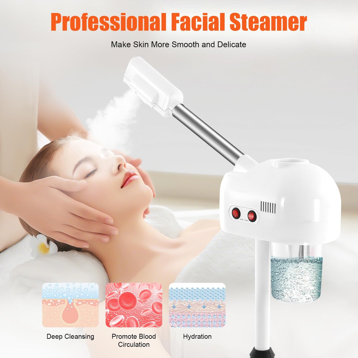 Professional Ozone Facial Steamer on Wheels, Adjustable Height, 360° Rotatable Nozzle, for Home and Salon