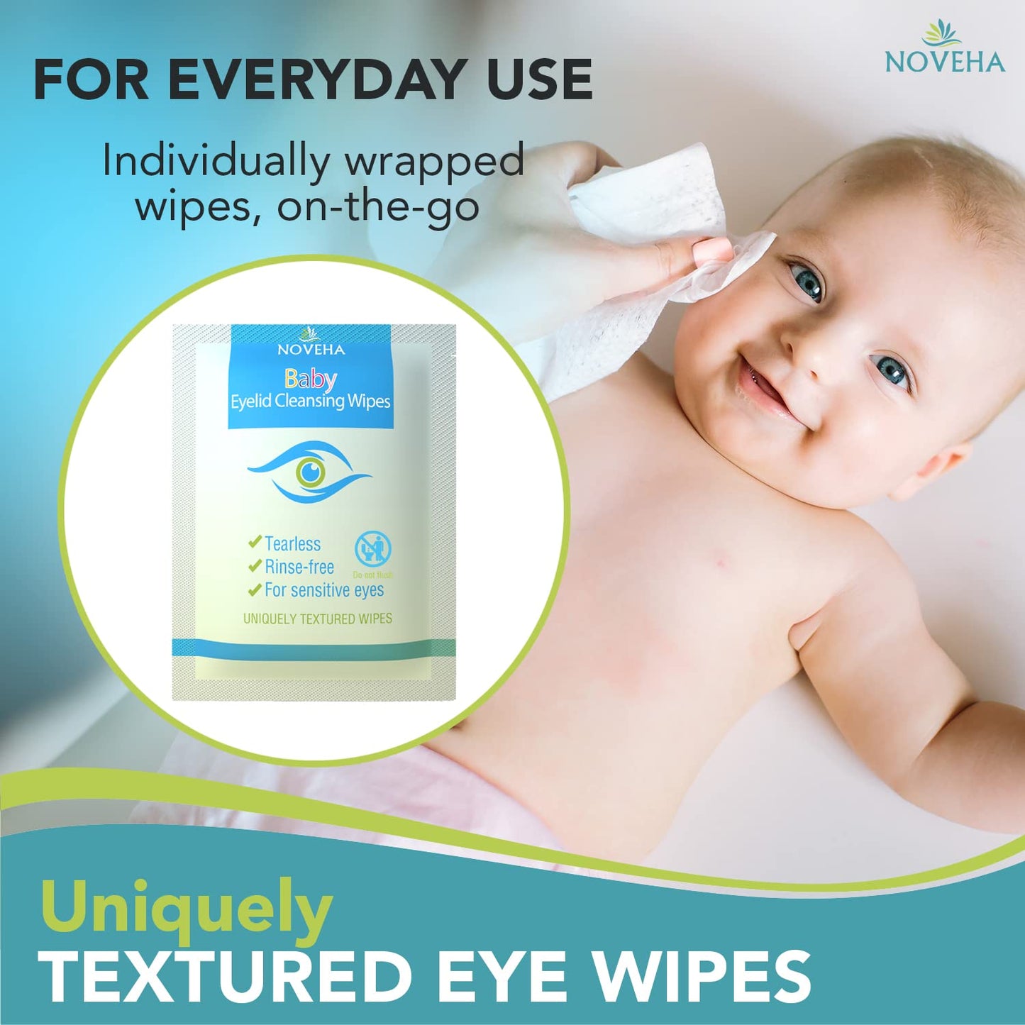 NOVEHA Baby Eyelid & Lash Wipes | Safe & Natural Pack of 60 Pre-moistened Wipes