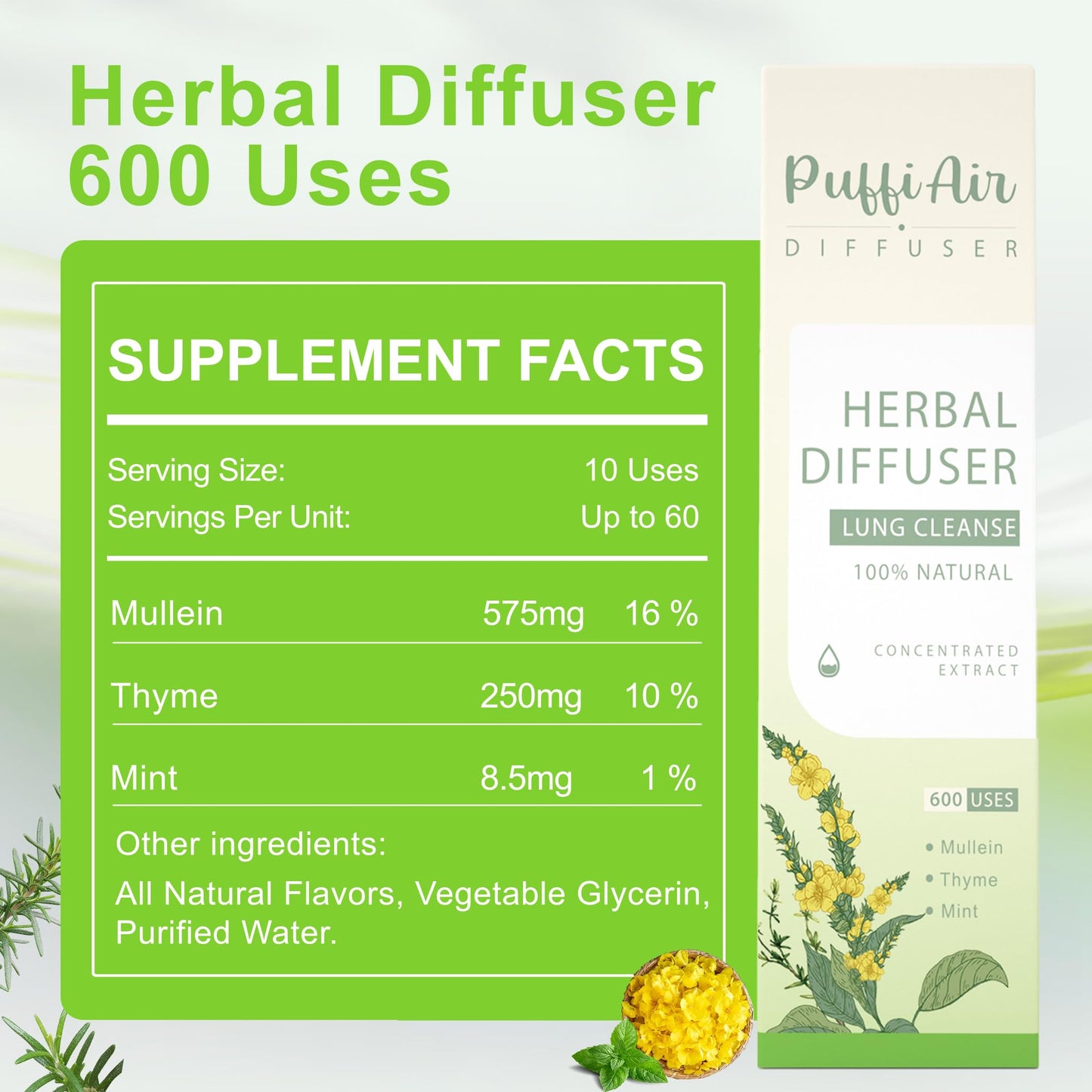 Herbal Diffuser Pen with Extracts of Mullein/Thyme/Mint 600 Uses and Nasal Stick Pure Mullein & Mint Extract丨 Boost Focus, Reduce Fatigue & Stuffy Noses Instant Refreshment