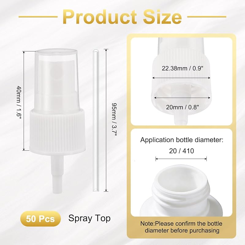 Fine Mist Spray Top 20/410 Replacement Nozzles – 50 Pcs, Clear Lid