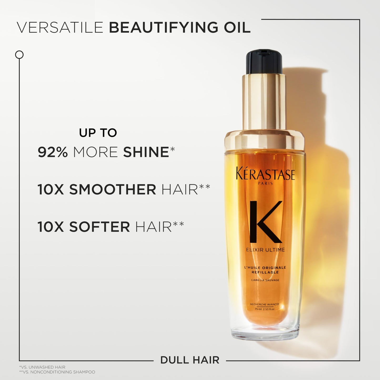 Kerastase Elixir Ultime Refillable Hair Oil - Hydrates & Smoothes Frizz, Adds Shine, With Wild Camellia, Nourishes & Strengthens Hair, 2.53 Fl Oz