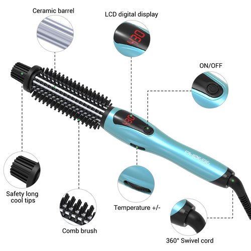 PHOEBE Curling Iron Brush Anti-Scald Bristles Instant Heat Up Dual Voltage Ceramic Tourmaline Ionic Hair Curling Wand for All Hair Types (1 Inch)