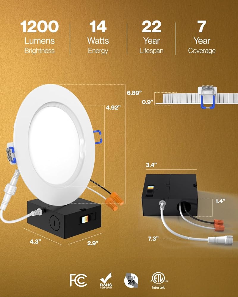Sunco 6 Inch Slim Recessed LED Downlight with Night Light - 5CCT, 12 Pack, Plug-in Junction Box