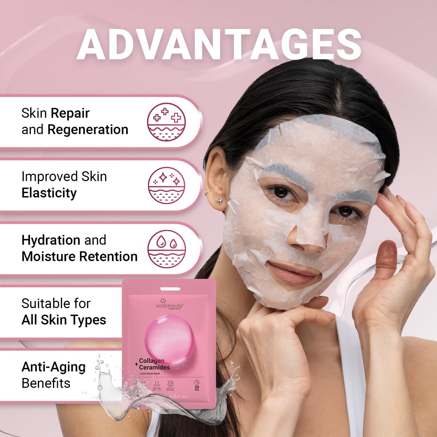 VIABEAUTY 24 Pack of Collagen Face Mask with Ceramides - Rejuvenating Facial Sheet Mask, Fine Lines & Reduce Wrinkles - Face Masks Skincare Moisturizing Collagen Mask for All Skin Types