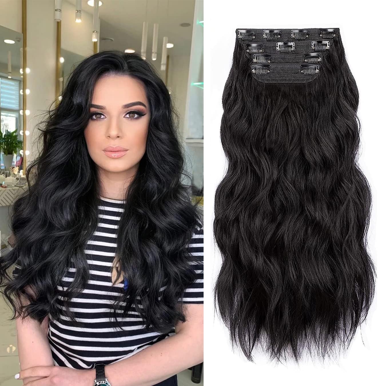 Black Hair Extensions, 20 Inches Soft Synthetic Curly Hair Extensions Clip ins (Color: Black)