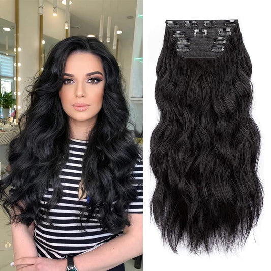 Black Hair Extensions, 20 Inches Soft Synthetic Curly Hair Extensions Clip ins (Color: Black)