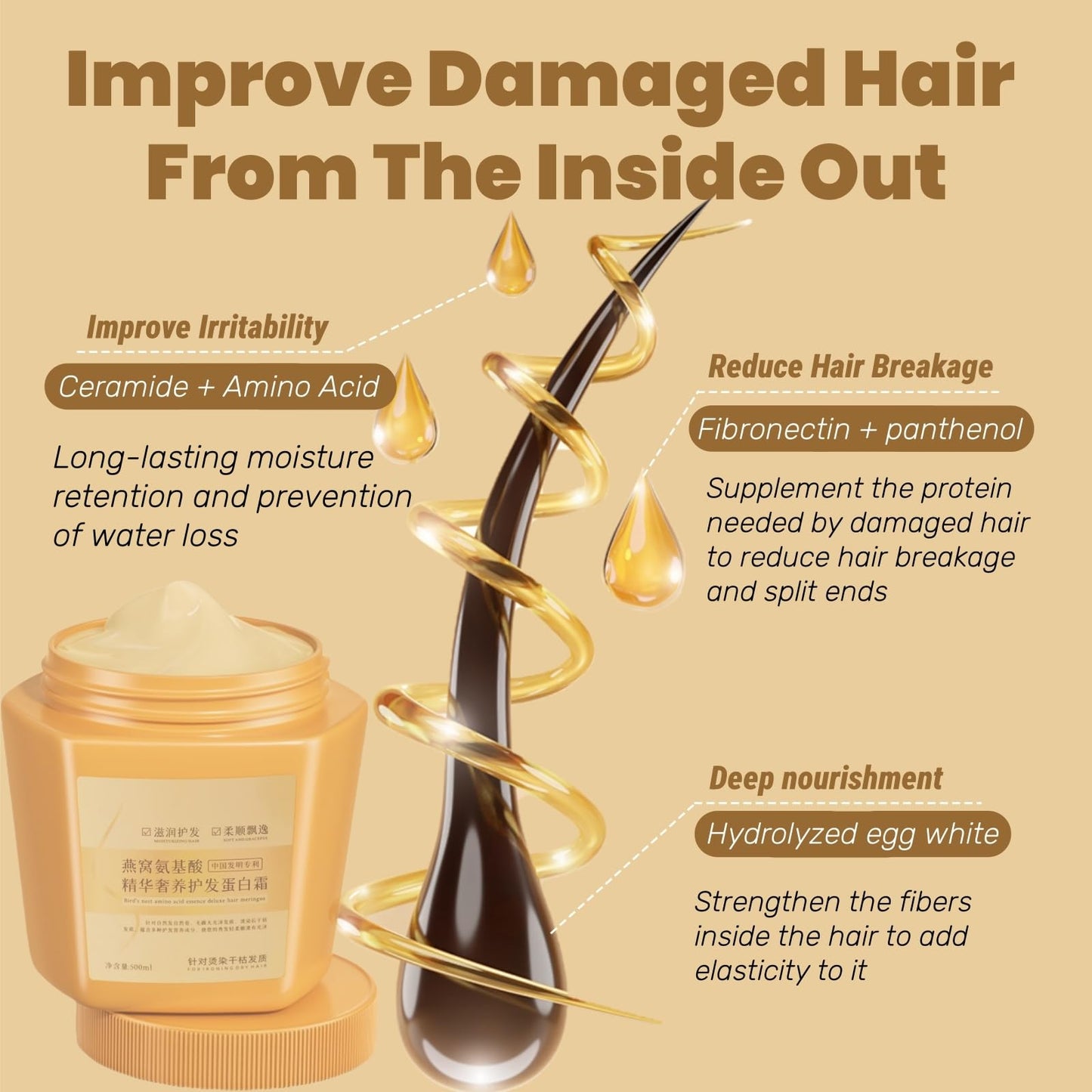 Amino Acid Essence Luxury Nourishing Hair Protein Cream, Moisturizing Repair Hair Care Conditioner, For Dry Damaged Hair