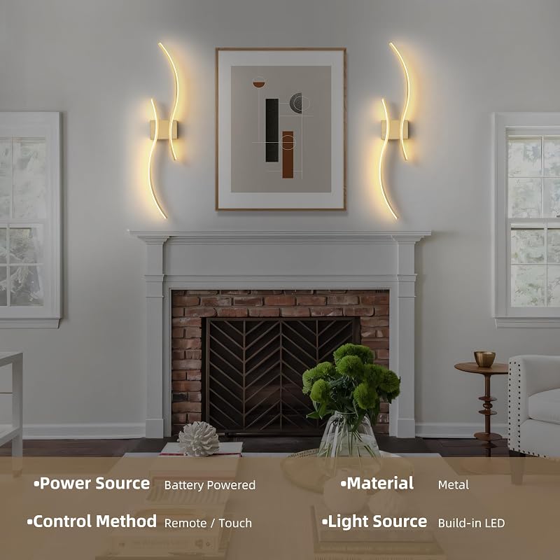 Brushed Brass Wireless Wall Sconces 2-Pack, Dimmable 3CCT, 15–65H Runtime - Arc Style