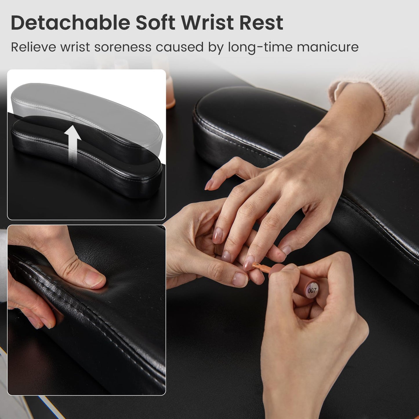 LDAILY Moccha Nail Desk, Manicure Table w/ 3 Drawers & 2 Storage Cabinets, Wrist Rest, 8 Metal Legs, Acetone Resistant Nail Tech Station for Salon Beauty, Home (Black)