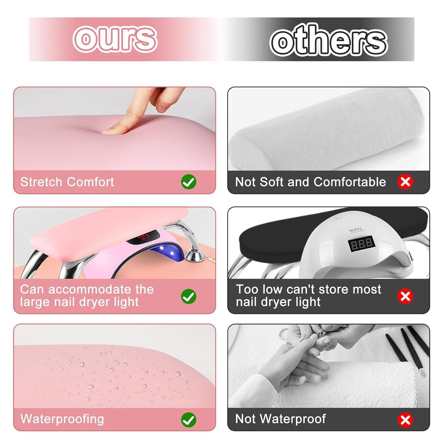 Big Arm Rest for Nails Cushion, Microfiber Leather Nail Arm Rest, Soft Hand Rest for Nails Toenails, Removable Nail Hand Rest with Installation Tools and Manicure Tools (Pink)