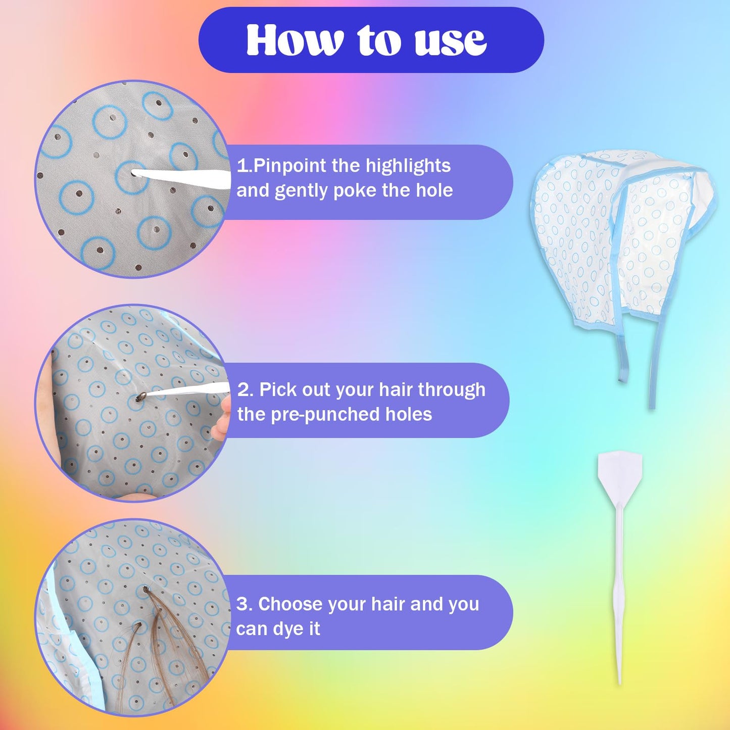 JJUNW 3 Pcs Hair Highlighting Caps, Bleach Cap Coloring Frosting Dye Kit, Highlighting Kit, Highlight Cap with Hooks Highlight Hair Coloring Frosting Dye Kit for Salon Hair Dyeing Hairdressing