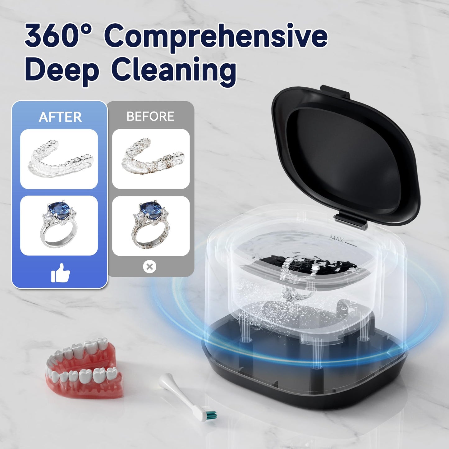 Ultrasonic Retainer Cleaner, KUNPHY 46KHz Professional Ultrasonic Cleaner 7.5Oz, Retainer Cleaner Machine for Dentures, Braces, Aligner, Dental Appliances (Black)