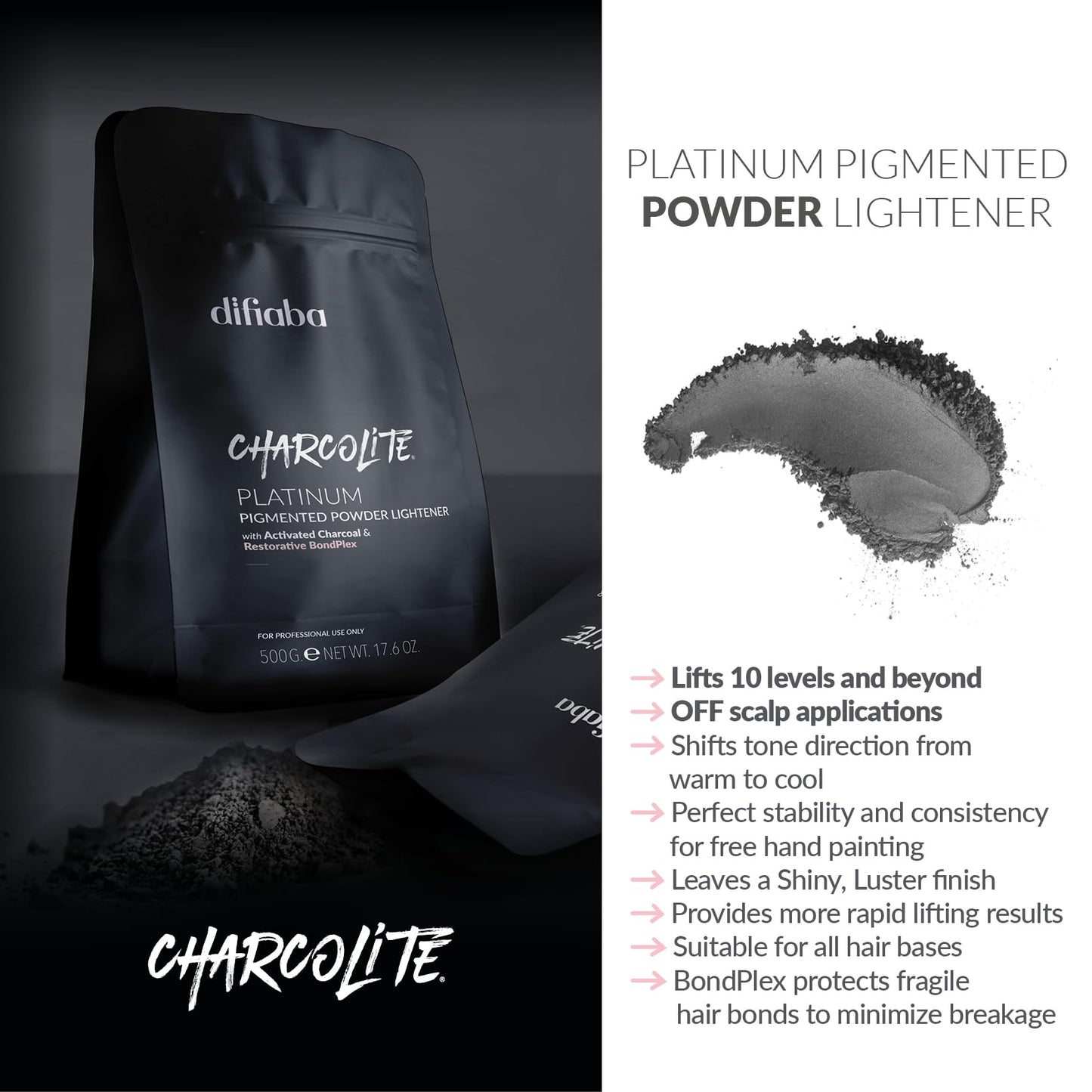 DIFIABA Charcolite Charcoal Bleach Hair Lightener Powder - Cool Toning Lightening Powder w/ Activated Charcoal & Restorative BondPlex - Lighten & Tone in 1 Step - Lifts to 10 Levels (500, 1, Count)
