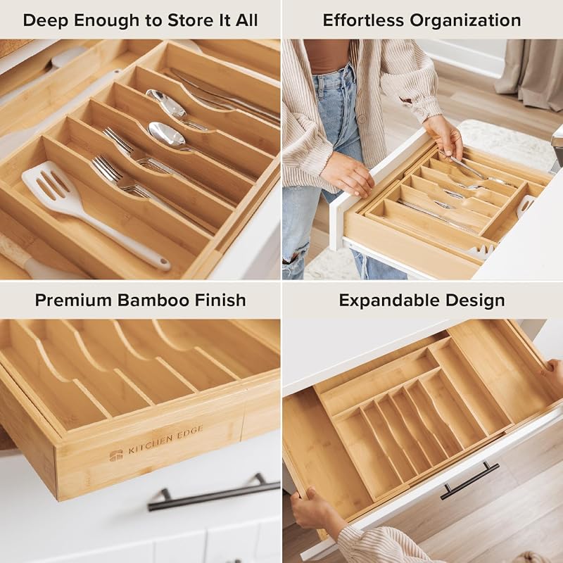 Adjustable Bamboo Silverware Drawer Organizer, 18.5"-33" Wide - KitchenEdge Natural