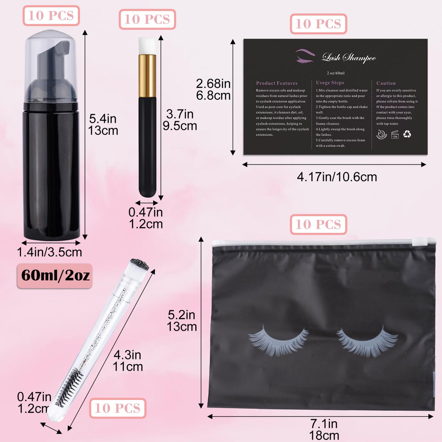 50pcs Lash Extension Cleaning Kit for Clients,10pcs Lash Brushes,10pcs Eyelash Cleaning Brush with Tubes,10pcs Lash Bottles,10pcs Eyelash Aftercare Bags,10pcs Lash Shampoo Label Stickers(Black)