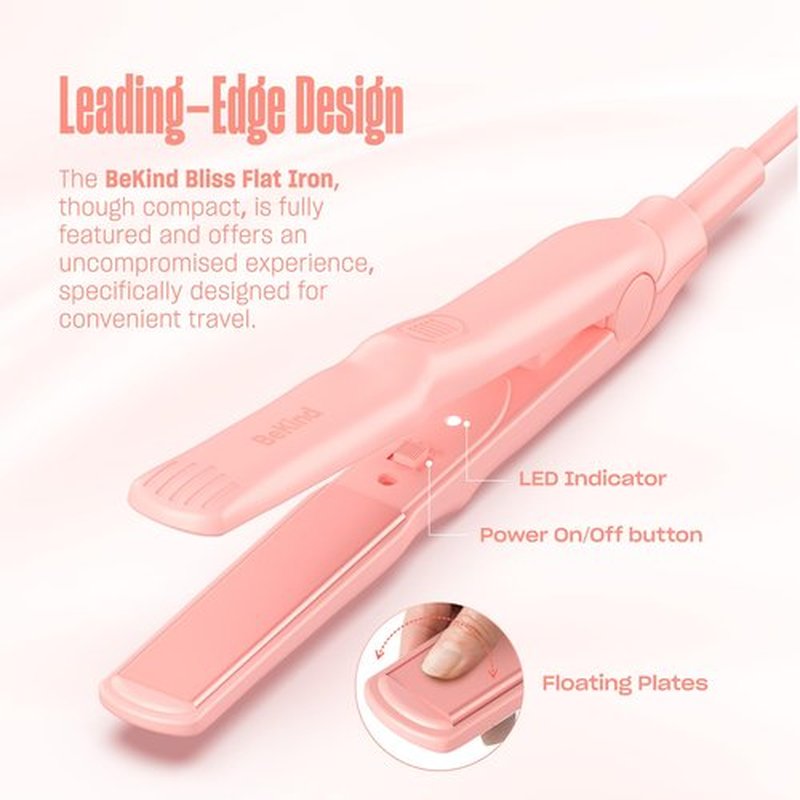 BeKind Bliss Hand-Sized Mini Hair Straightener - Portable Ceramic Small Flat Iron for Short Hair, Bangs, Curls - Lightweight, Dual Voltage Travel Hair Iron, Ideal for Styling & Touch-ups (Pink)