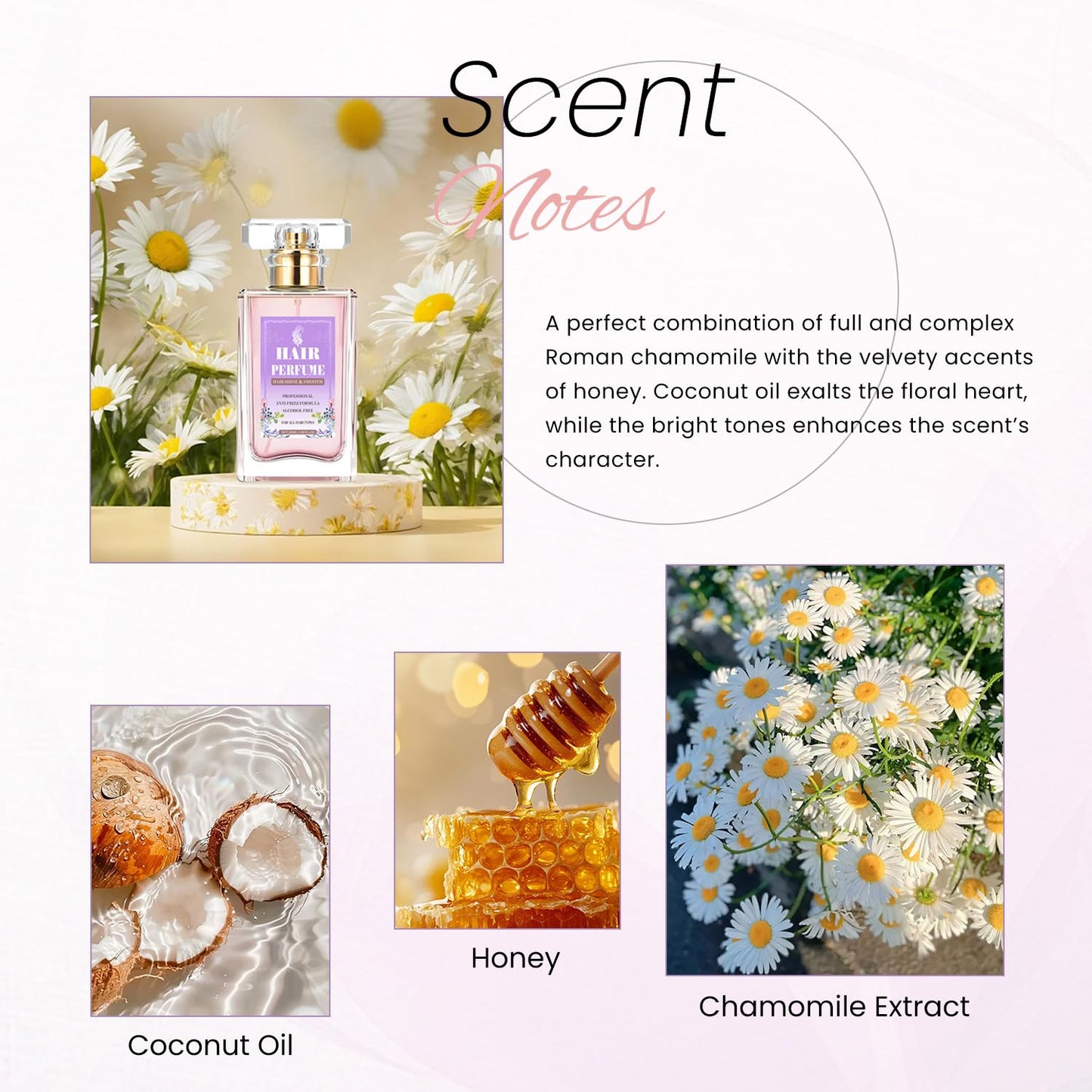 Fedulili Hair Perfume for Women Long Lasting Pheromone, Hair Body Mist Spray Fragrance Essential Oil Odors Remove, Honey Infused Coconut Chamomile for Hydrating Shine, Alcohol Free, 50 ml