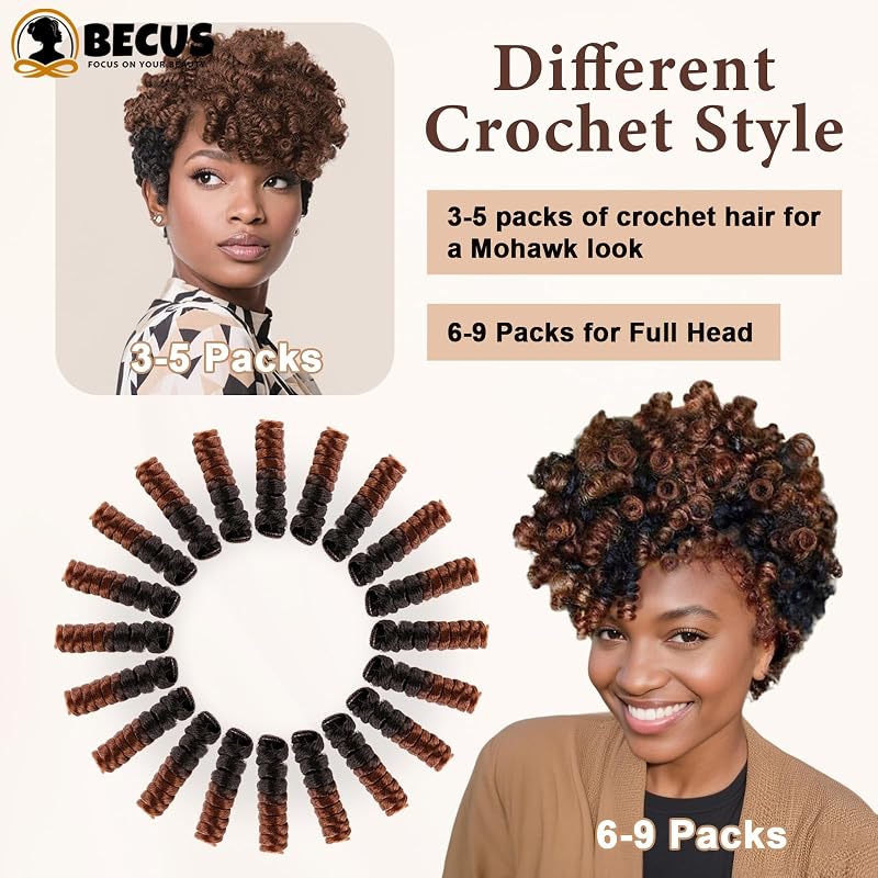 BECUS 20 Inch Jamaican Curly Crochet Hair Bundles, 3 Packs, Black Brown 1B/30 – 60 Roots