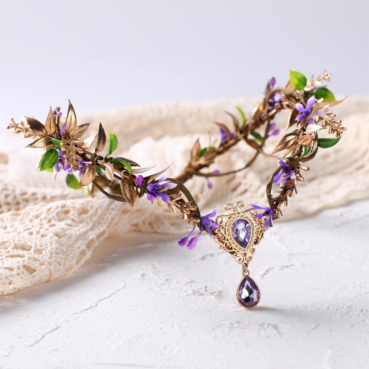 MOSTORY Purple Elf Flower Crown - Handmade Woodland Elf Headpiece Forest Fairy Crown Floral Circlet for Women Girls Cosplay Party Renaissance Marid Gras Photo Shoot