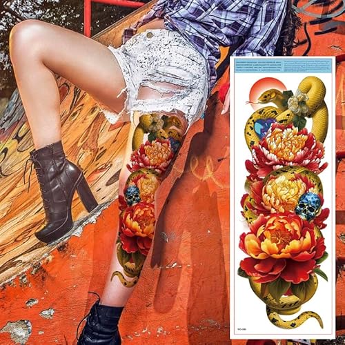 6 Sheets Full Arm Temporary Tattoos, Realistic Waterproof Floral Designs, Snake, Peony, Butterfly - Fake Tattoos Sleeve for Halloween, Cosplay, Party Decorations