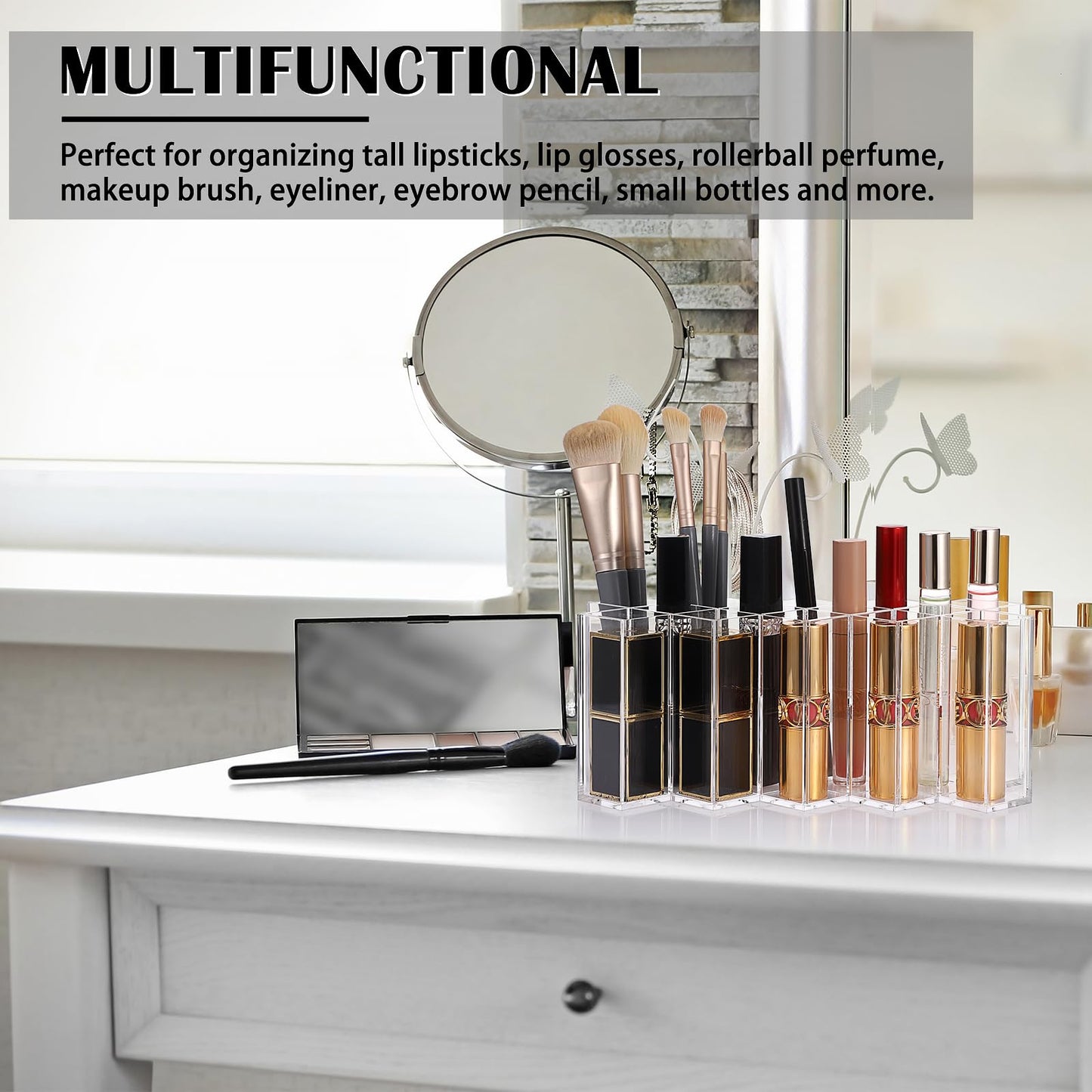 ELLDOO Rollerball Perfume Organizer, 14 Spaces Clear Acrylic Perfume Storage Holder Beauty Scent Holder, Stackable Makeup Lipgloss Lipstick Display Case Lip Gloss Storage Stand