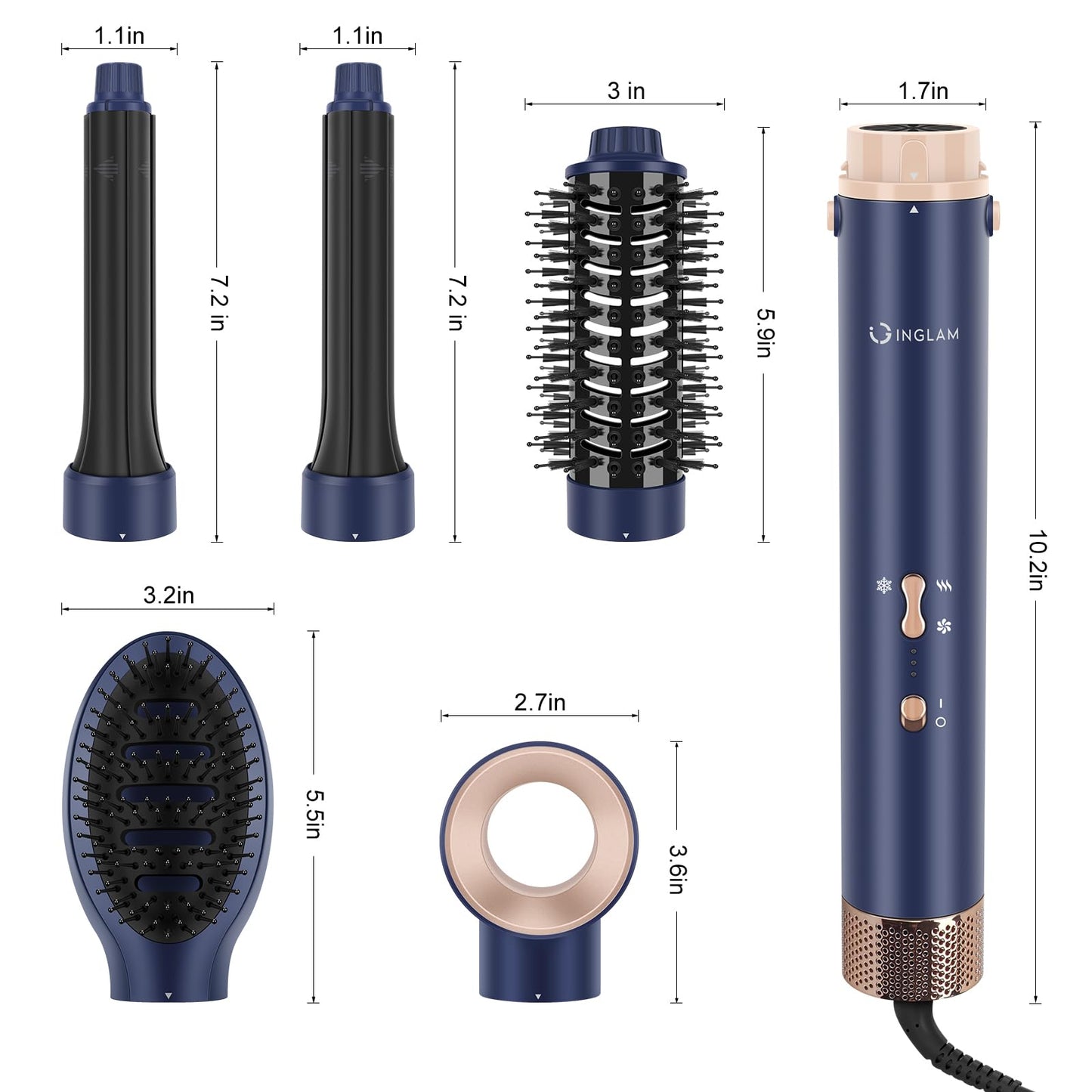 5 in 1 Blow Dryer Brush IG INGLAM MegaAir Hair Styler Brushless Hair Dryer Brush Left/Right Air Auto-Wrap Curler Hot Air Brush Negative Ions No Heat Damage Frizz-Free Drying Curling, Prussian Blue