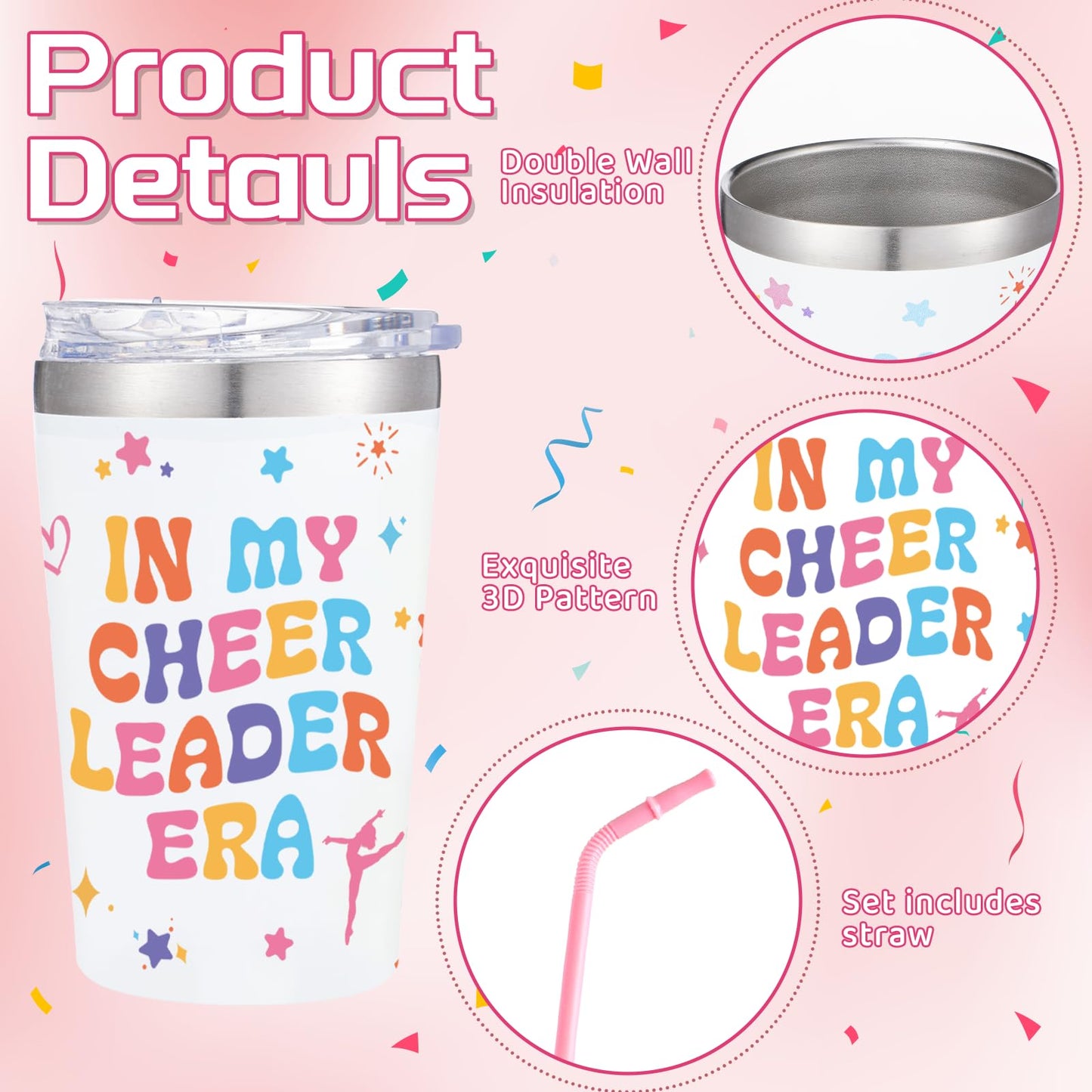 WGXX 5Pcs Cheerleader Gifts Set for Women Including 12oz Cheer Tumbler, Makeup Bags, 5 Cheerleading Bracelet, Stickers, Keychain for Cheer Team & Lovers