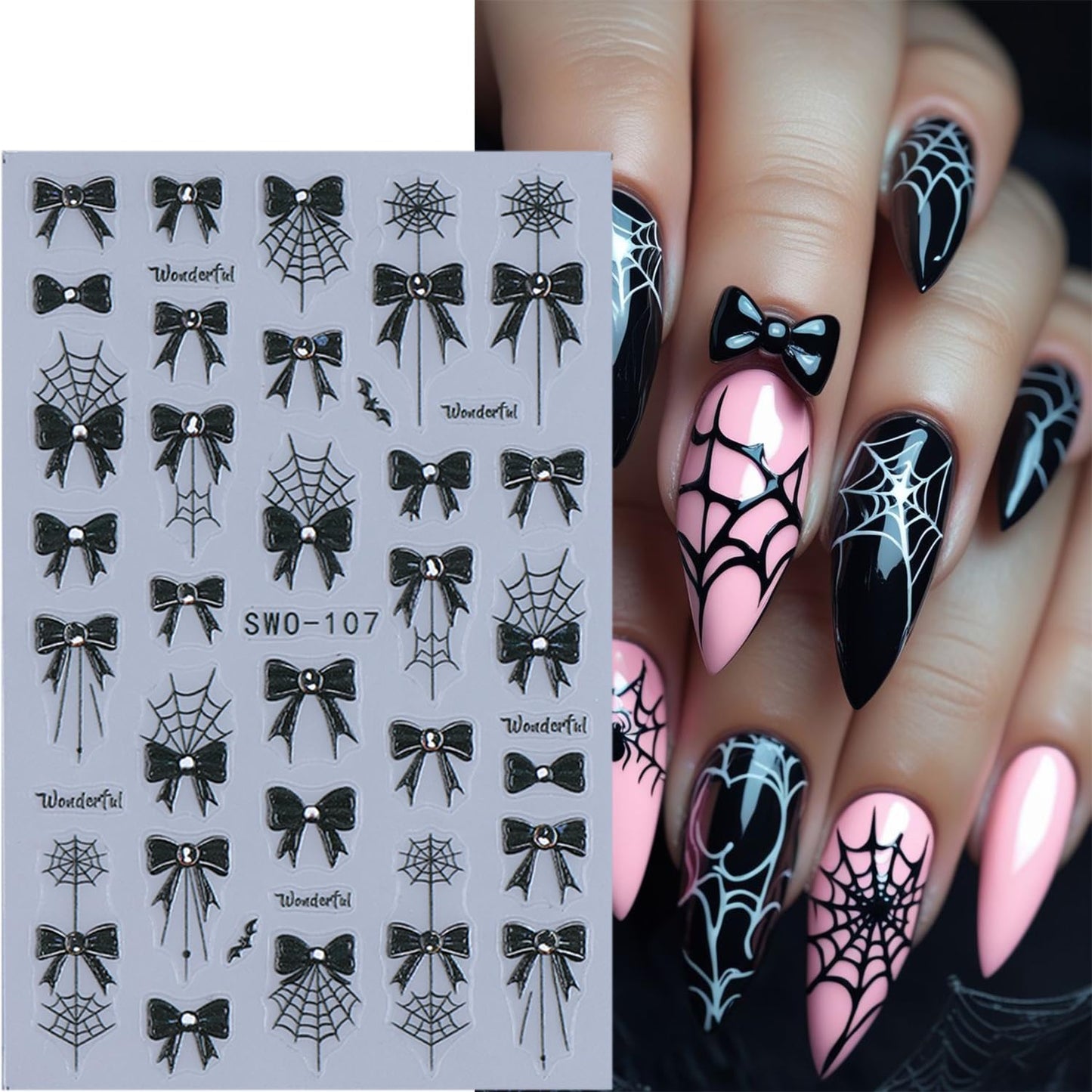 4 Sheets Halloween Nail Stickers for Nail Art Black Bow Spider Web Nail Decals with Crystal Diamond Designs Bloody Bows Nail Art Stickers 5D Self-Adhesive Halloween Nail Decoration for Women