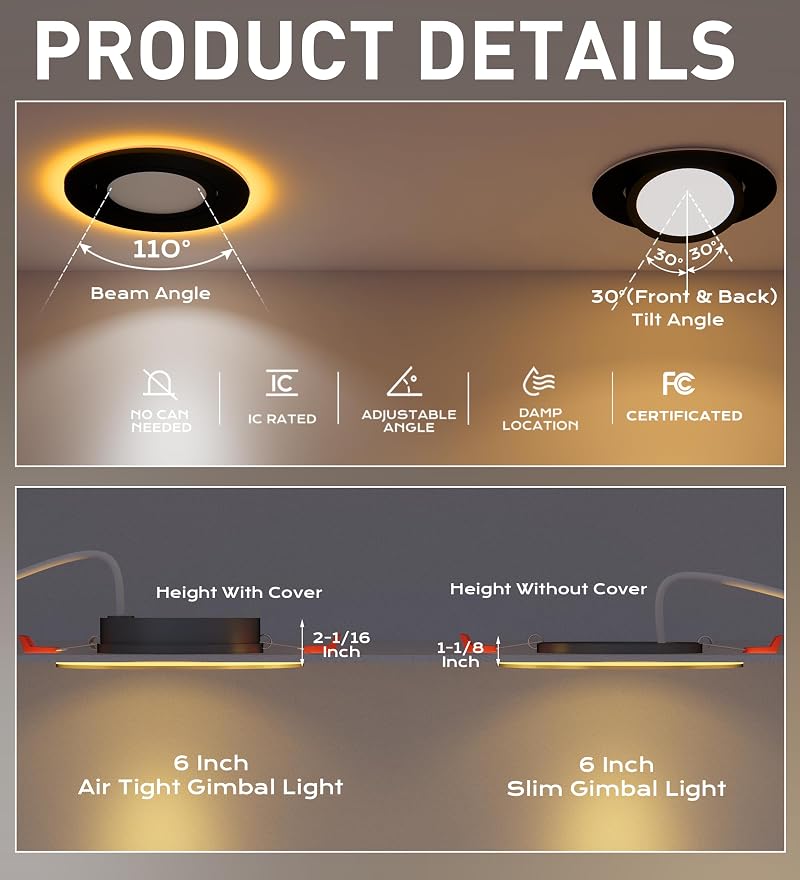 [5CCT] CLOUDY BAY 6" Recessed LED Downlight with Night Light, 12W 850LM 2700K-5000K, Black, Swivel Angled Canless