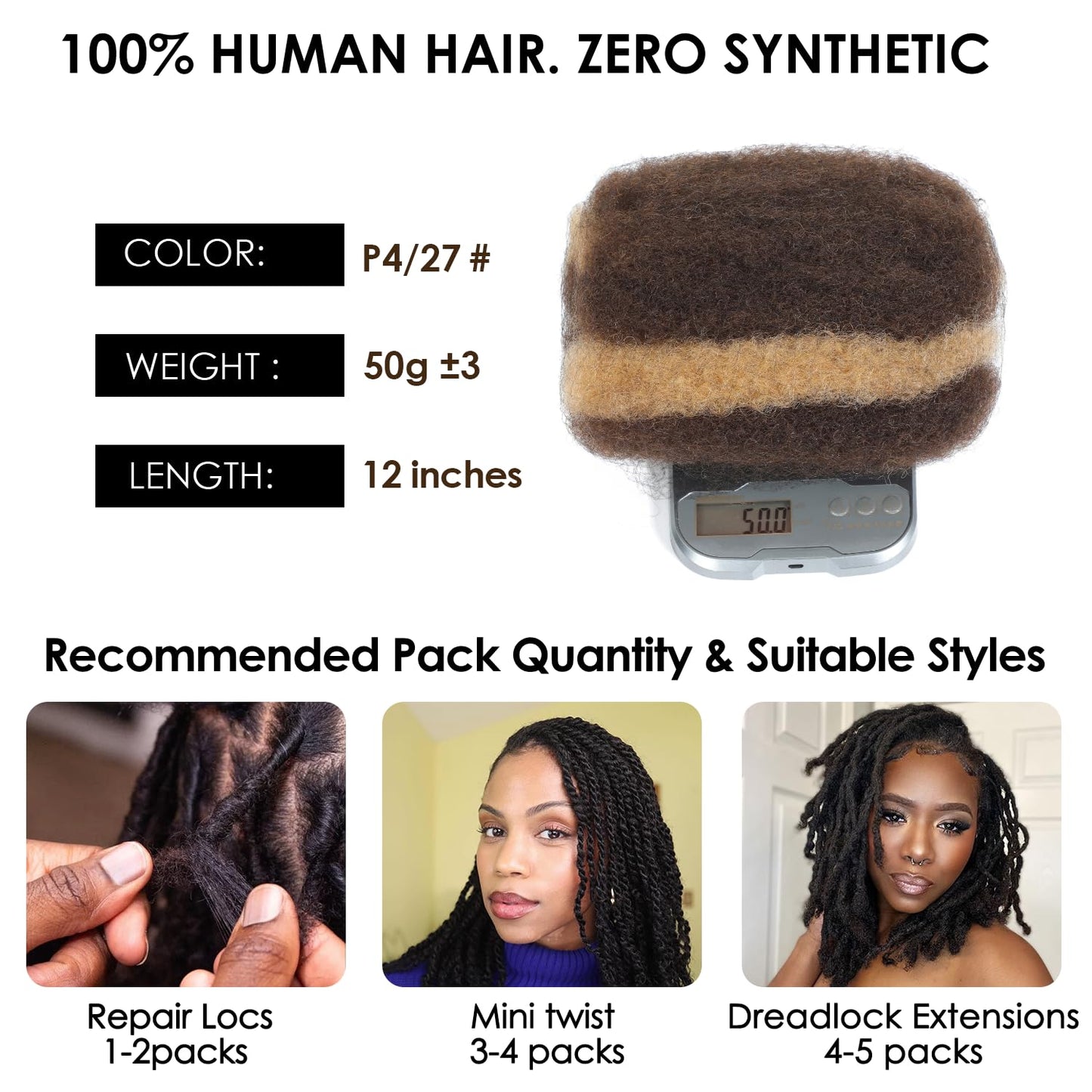 Afro Kinkys Bulk Human Hair 12 Inch 50g, P4/27 Highlight Brown 100% Real 4c Kinky Curly Human Hair For Mini Twists, Braiding, Micro Locs, Repair Locs, And Dreadlock Extensions(P4/27#, 12inch, 1pack)