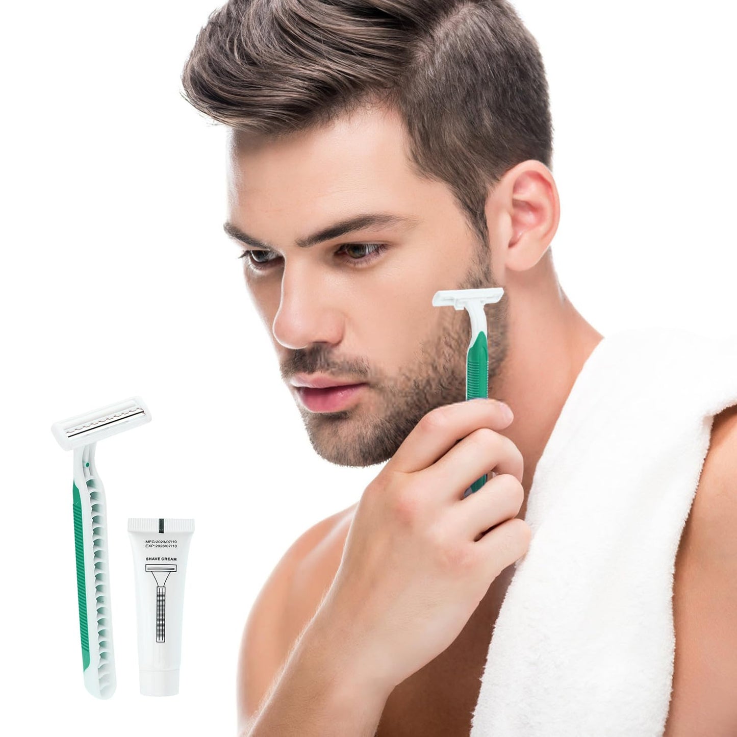 Disposable Razors in Bulk Pack of 60,Green Disposable Shaving Razors Individual Wrapped Twin Blade Bulk Disposable Razors with Clear Cap and 10g Shaving Cream for Homeless,Hotel,Travel,Charity,Shelter