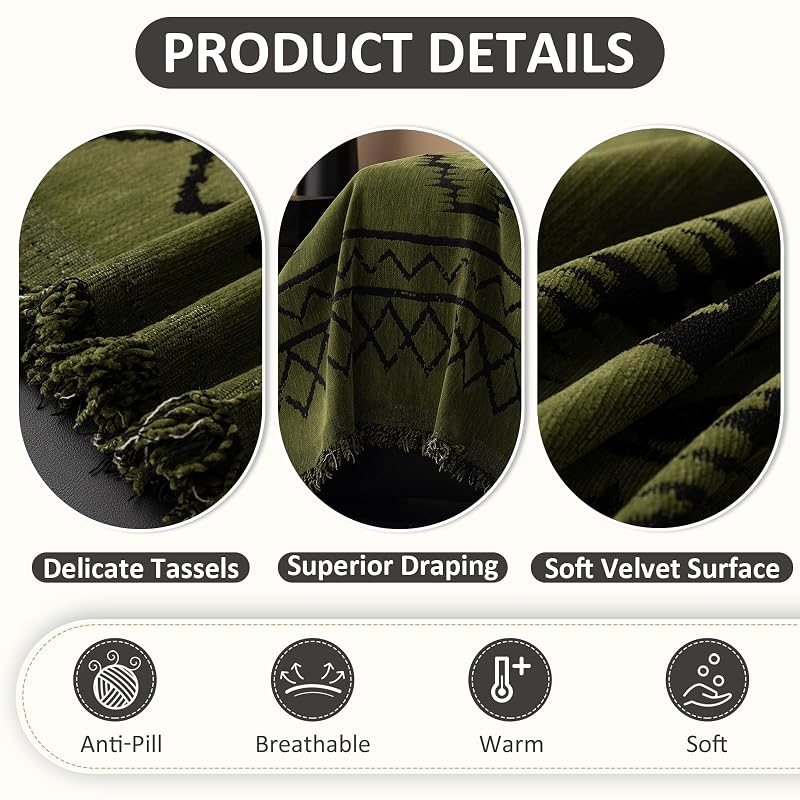 Bohemian Green Couch Cover for 3 Cushion Sofa, Non-Slip Chenille Protector 71"x150" - 3-4 Seater, 71x150, Variation: Boho:green+71" X 150"