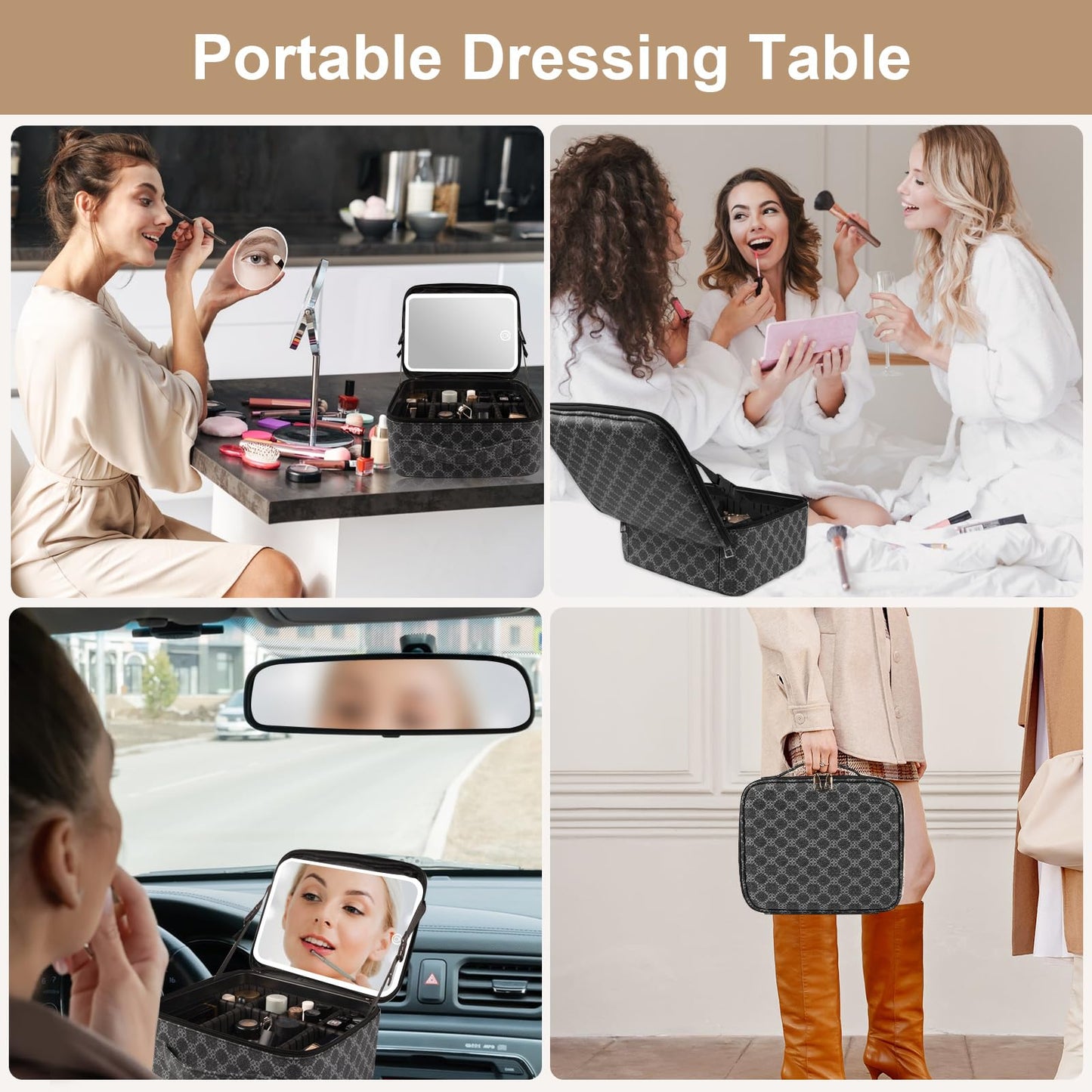 PEEH Makeup Bag with Lighted Mirror, Travel Make up Train Case with Adjustable Brightness Vanity Mirror and Detachable 10x Magnifying Mirror (Grey Clover)