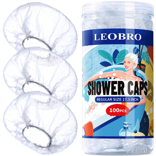 LEOBRO 100PCS Disposable Shower Caps, Shower Caps for Women Disposable, Clear Plastic Shower Cap, Plastic Hair Caps for Hair Treatment, Regular Size 17.3 INCH