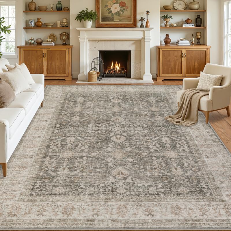 8x10 Washable Area Rug - Living Room Bedroom Taupe Vintage Style
