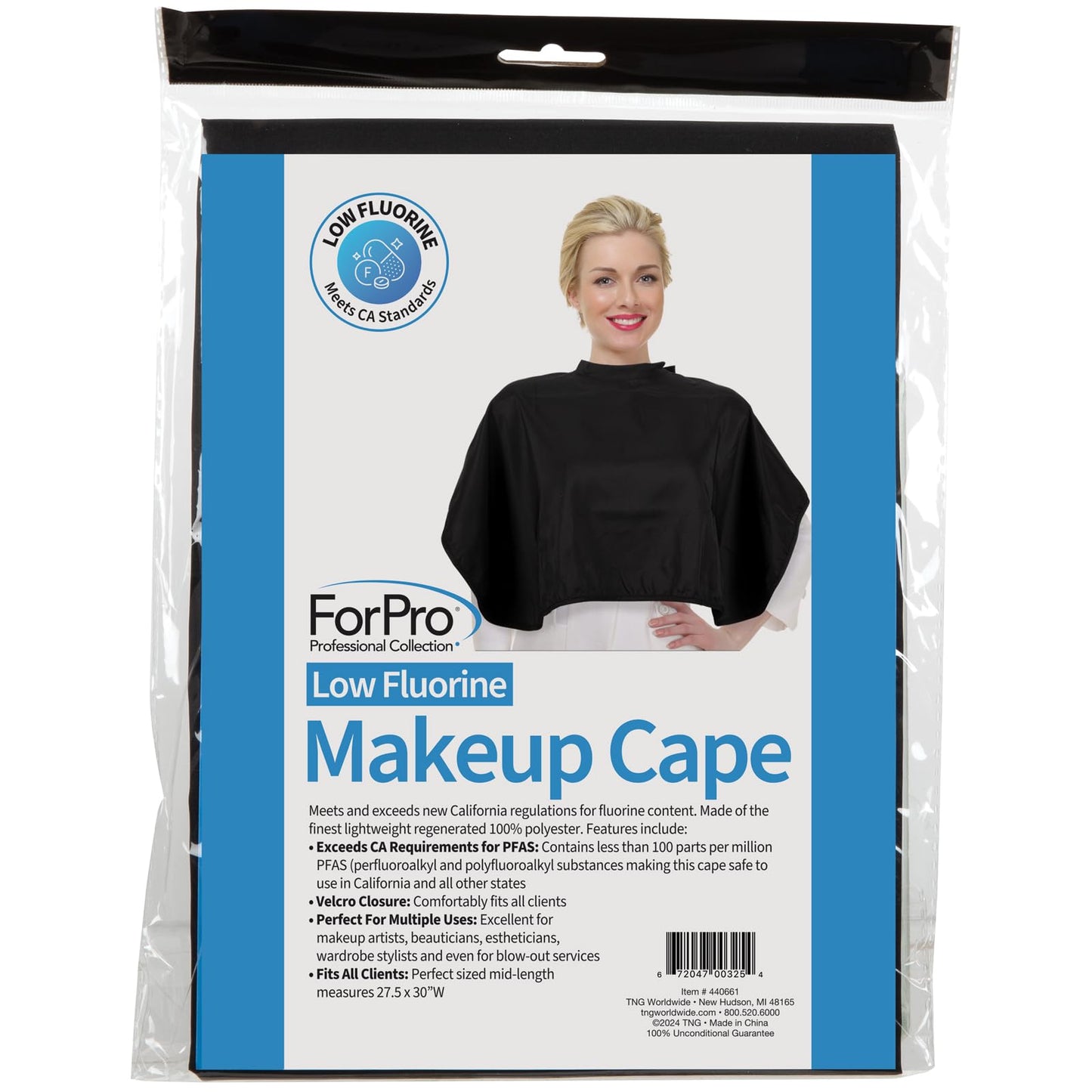 ForPro Low Fluorine Makeup Cape, Professional Mid-Length Beauty Cape with Adjustable Velcro Closure, 27.5" x 30", Black