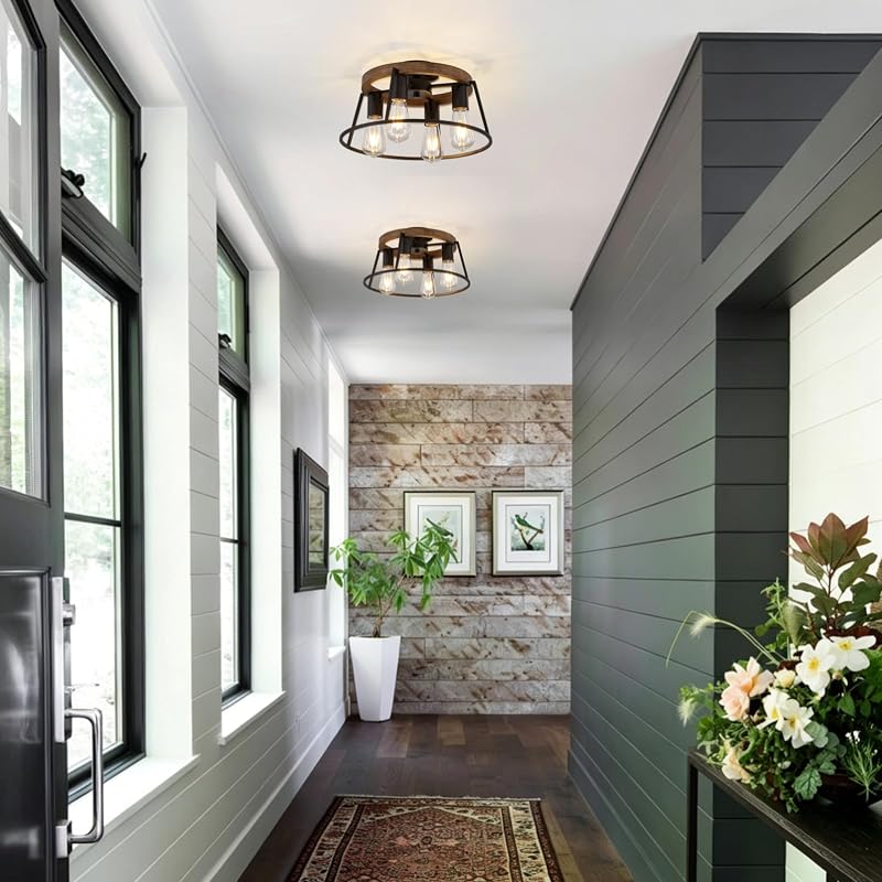 Farmhouse Wood Semi Flush Mount Ceiling Light Fixture, 4-Light Black Rustic Lamp - Black & Wood Variation