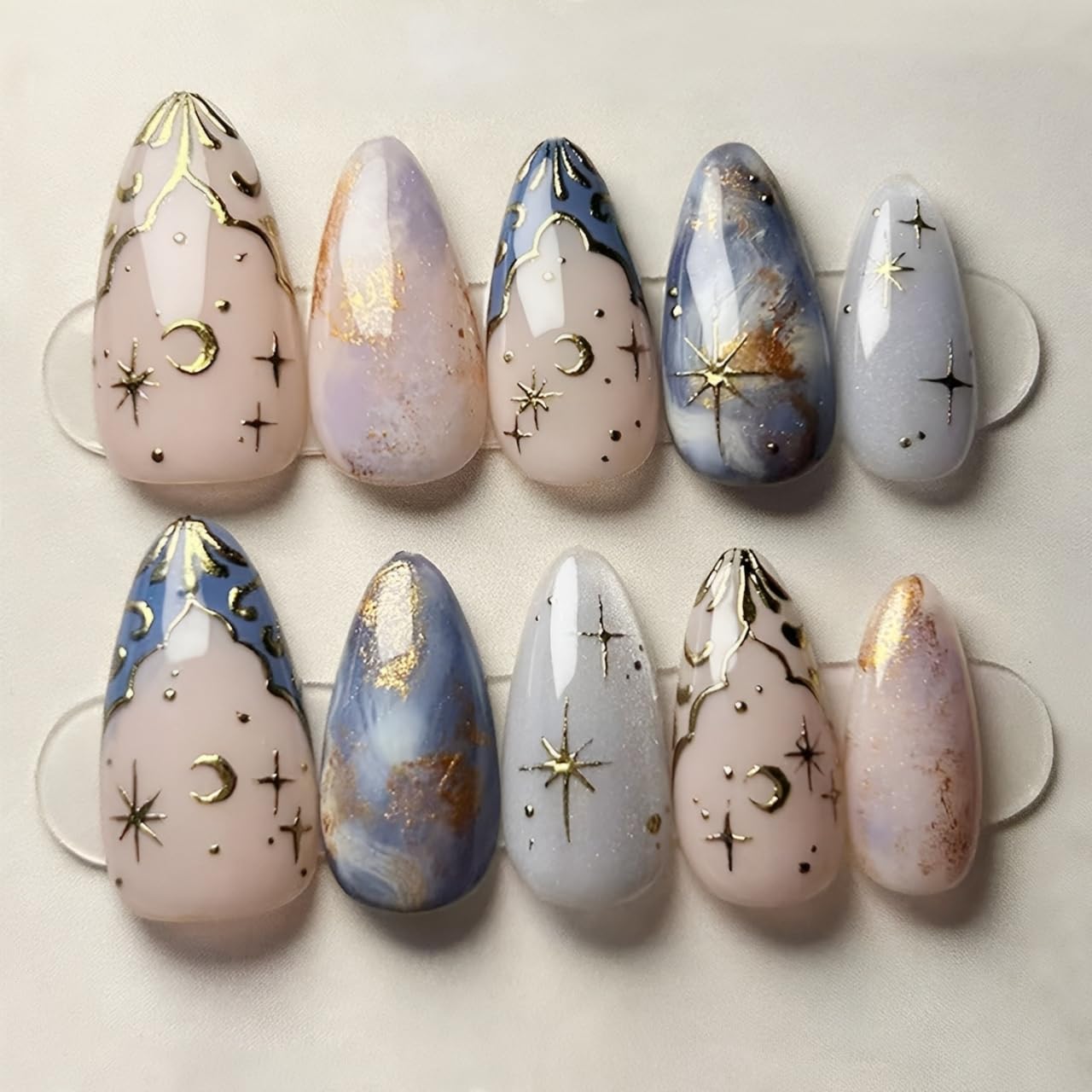 24Pcs Gold Star Press on Nails Medium Almond Fake Nails 3D Gold Chrome Star Moon Glossy Designs Nude Pink Stick on Nails French Tip False Nails Full Cover Acrylic Artificial Nails for Women Girls