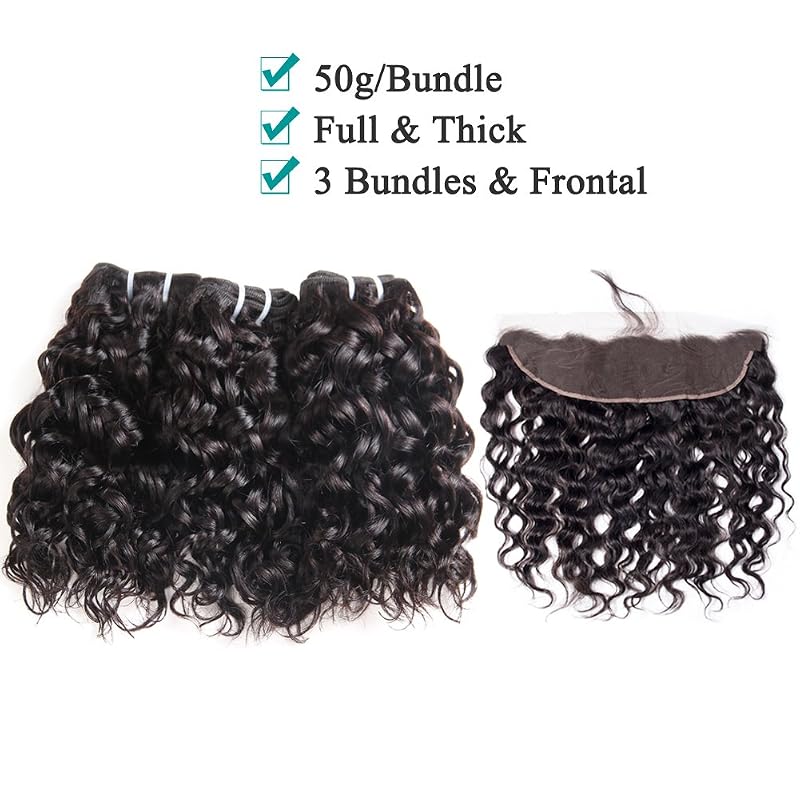 Water Wave Virgin Human Hair Bundles with Frontal 8 in Black - 50g, 13x4 Lace