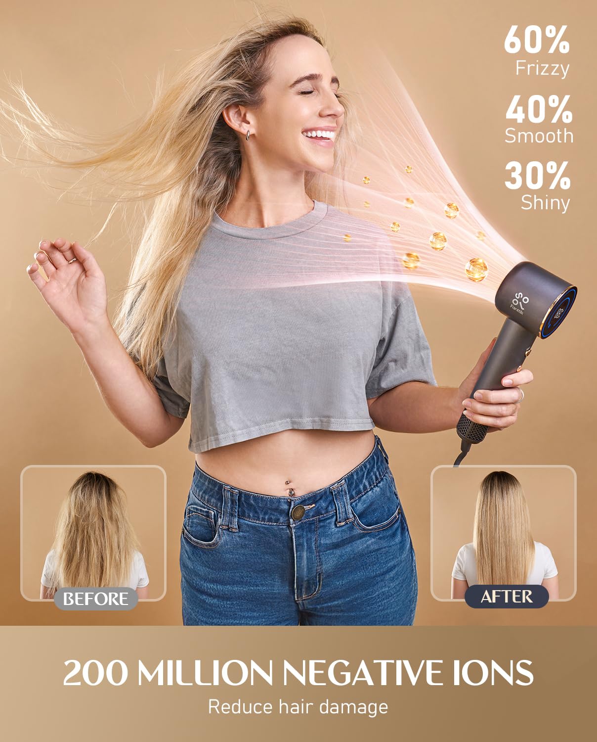 FanttikSolo 80% Faster Drying with 110,000 RPM Brushless Motor Blow Dryer, 56dB Low-Noise, 0.74lb Ultra-Light Blow Dryer, Ionic Tech for Travel, Home, Salon, SonicDry H10 APEX - Gray