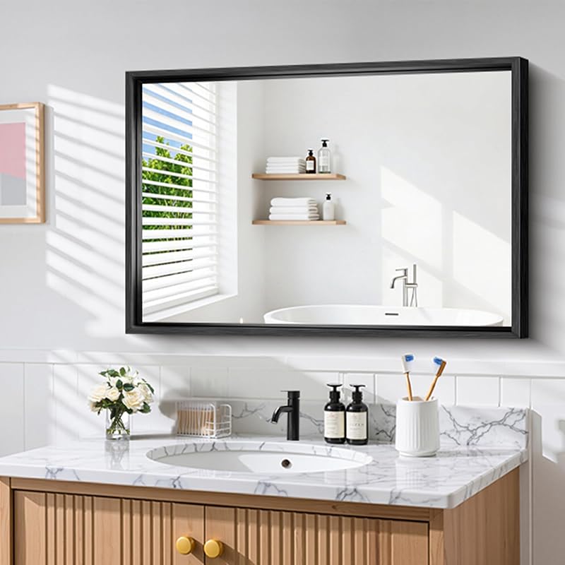 Circumi 30x42 Inch Brushed Black Rectangle Wall Mirror – Chunky Frame, Shatterproof Glass