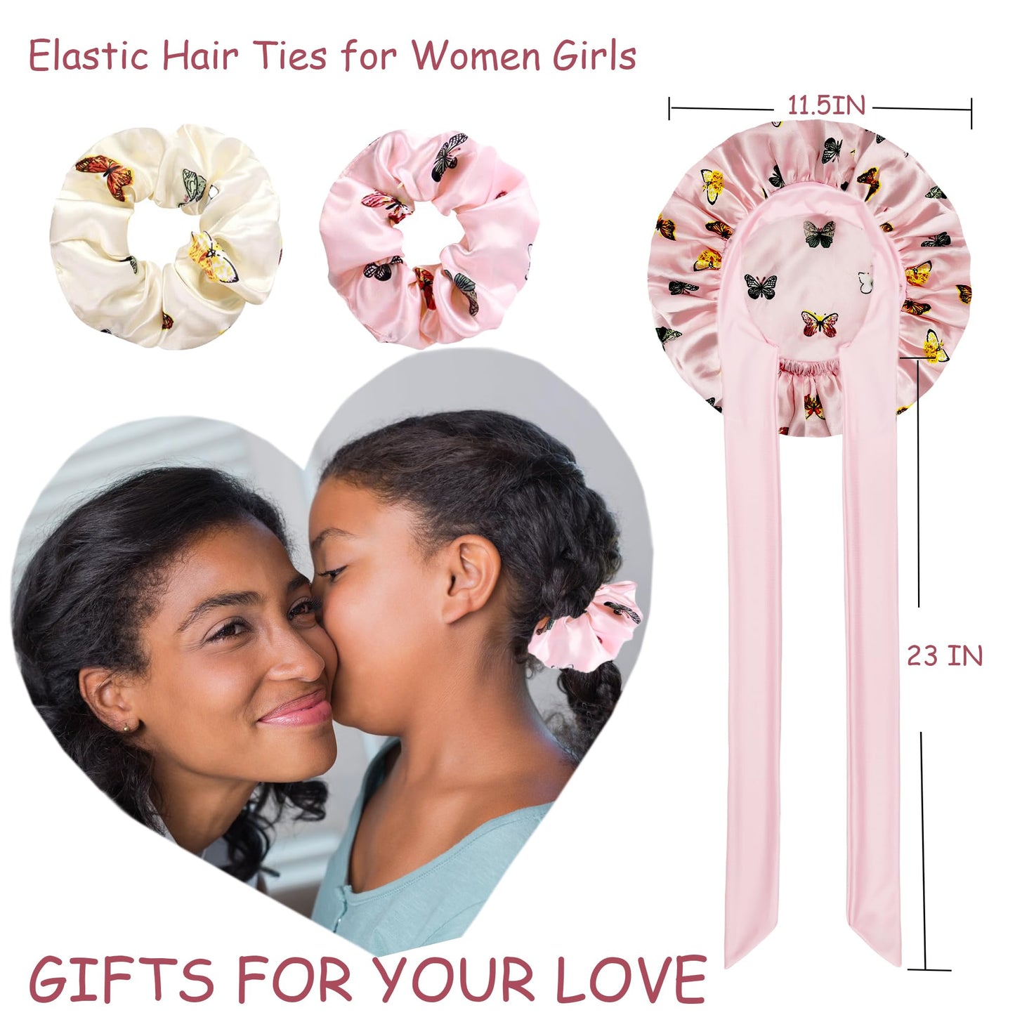 2 PCS Kids Satin Bonnets for Girls with Scrunchies,Hair Bonnet for Sleeping,Toddler Tie Silk Bonnets Curly Sleep Cap