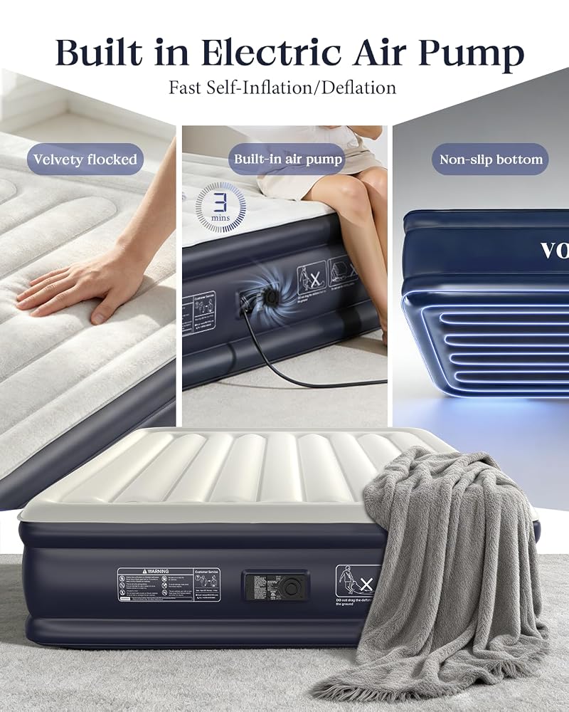 VOSSER Queen Air Mattress with Built-in Pump - 13 Inch, 800 lb cap, Blue Variation