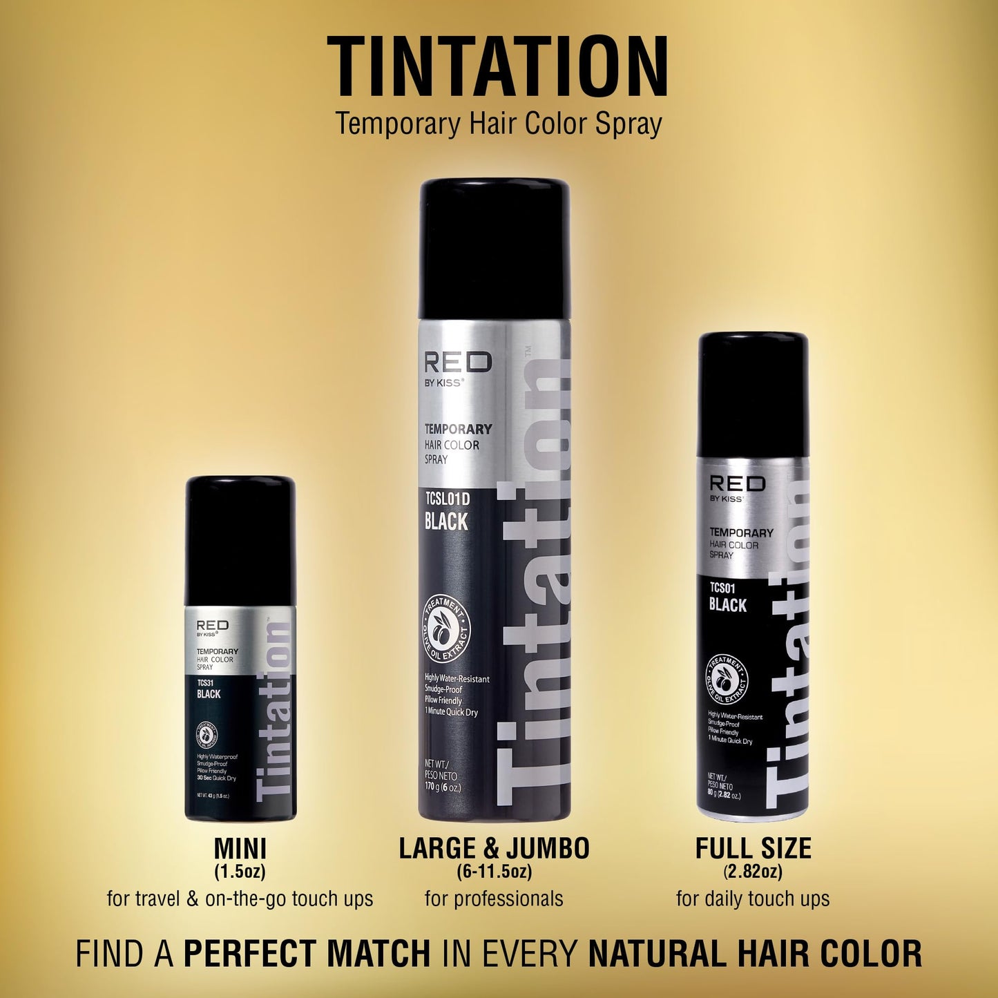 Red by Kiss Tintation Temporary Hair Color Spray, Instant Gray Root Touch Up Coverage, Water-Resistant & Smudge-Proof, Easy Wash Out, Barber & Hairline Touch-Up, Quick-Dry (Black, 2.82 oz)
