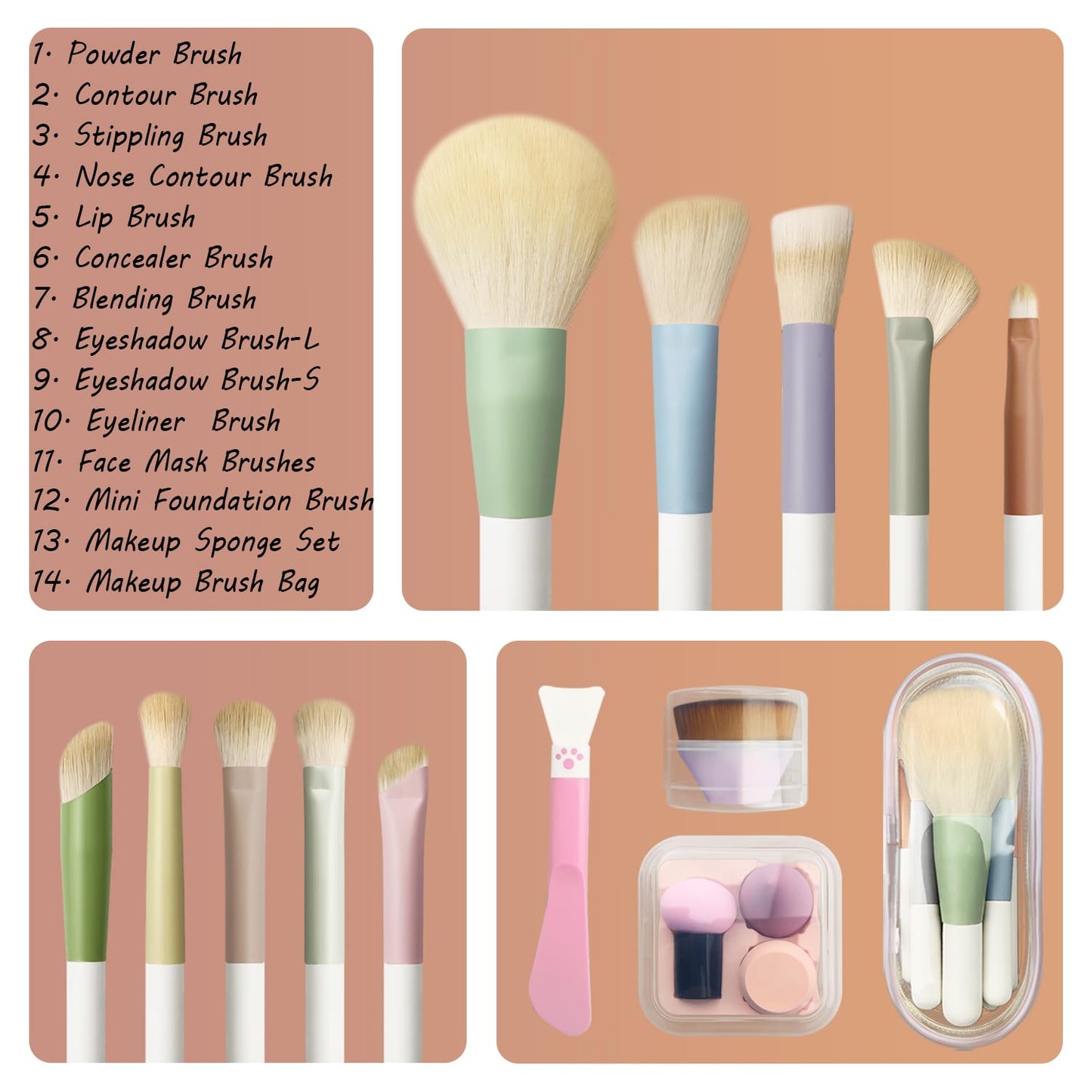 Voxora Mini Travel Makeup Brush Set with Case, Foundation Makeup Brush, Silicone Face Mask Brushe& Makeup Sponge, Mini Makeup Brush Set for Powder, Eyeshadow, Highlight, Contour, Blush, & Concealer