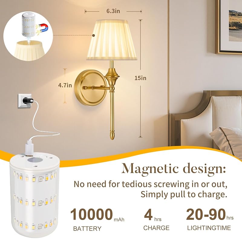 Battery Operated Wall Sconces - 2 Pack with Dimmable LED, Remote, 10000mAh, 3000K-6000K (Dull Bronze)